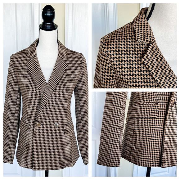 Ann Taylor Size 00 Houndstooth Caramel Brown Gold Button Side Pocket Winter Coat - Picture 1 of 14